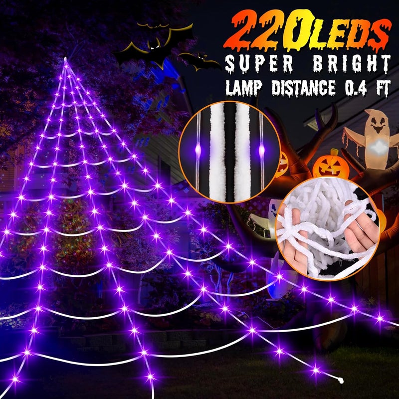 partyMoonet Halloween Decorations Outdoor Spider Web Lights,16.4Ft 220 LED Lighted Spider Web Light up with 8 Modes Waterproof Timer for Yard House Halloween Outdoor Decor Purple Spiderweb - Image 4